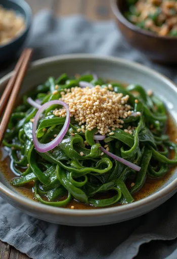 Plate of Miyeok Muchim seaweed salad with sesame seeds