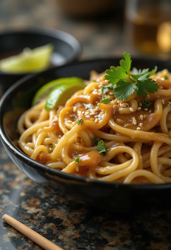 Peanut noodles garnished with cilantro and sesame seeds