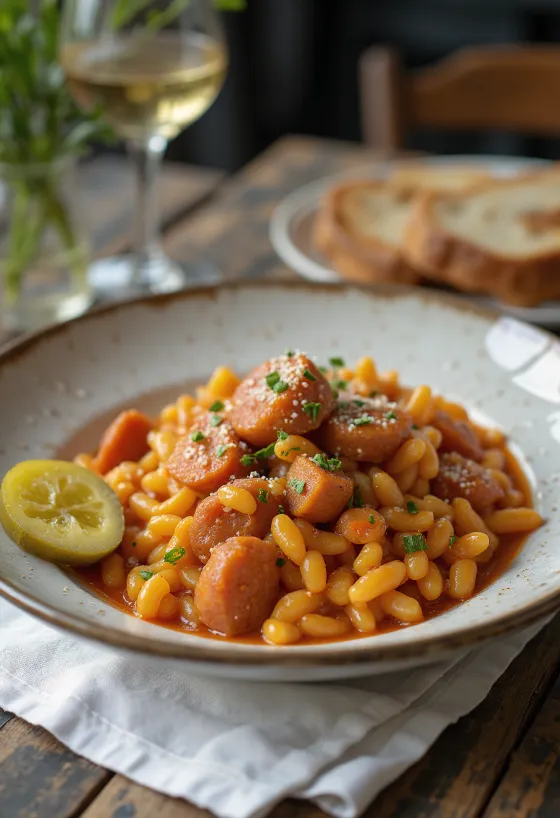 Shepherd's tarhonya with smoked sausage and potatoes