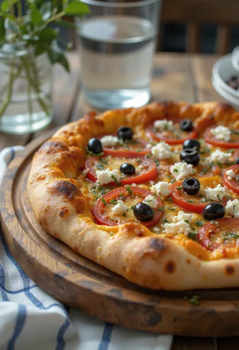 Pizza Greca with feta cheese, black olives, and fresh tomato