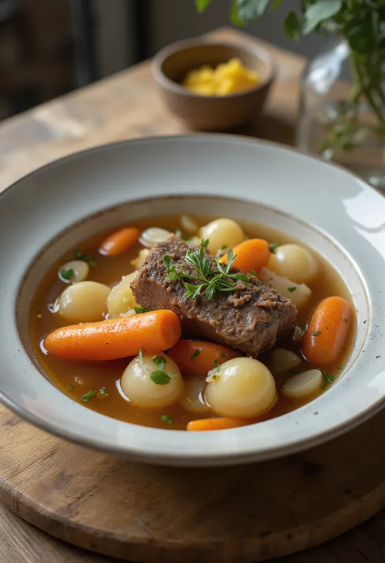 Pot-au-feu, traditional French beef stew with vegetables