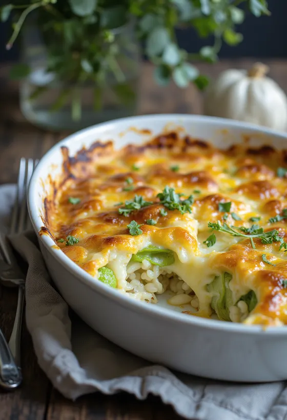 Baked Cheese and Leek Casserole garnished with fresh parsley