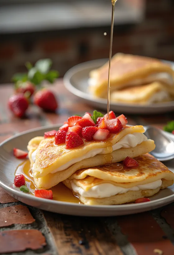 Strawberry cheesecake crepes plated