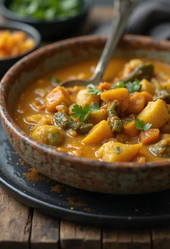 Vegan curry with juicy vegetables and garnished with fresh cilantro