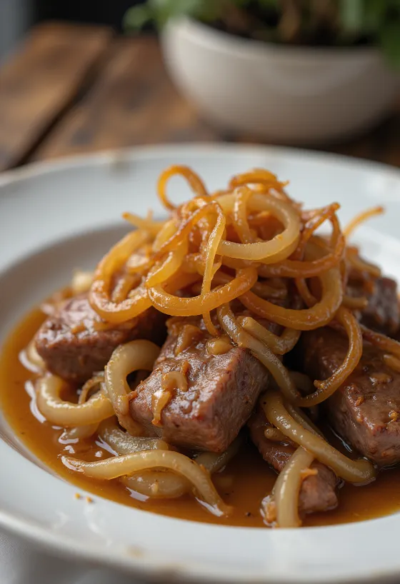 Calf's Liver and Onions, seared liver with sautéed onions