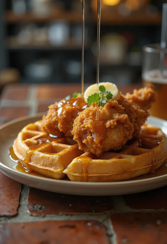 Chicken and waffles served on a plate, drizzled with maple syrup