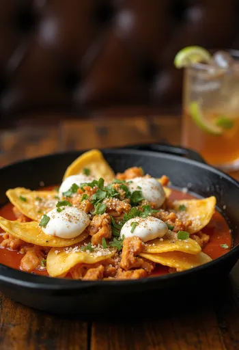Chilaquiles with habanero salsa, topped with sour cream and cilantro