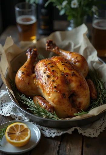 Frango assado with beer, crispy roasted chicken served with rosemary and lemon.
