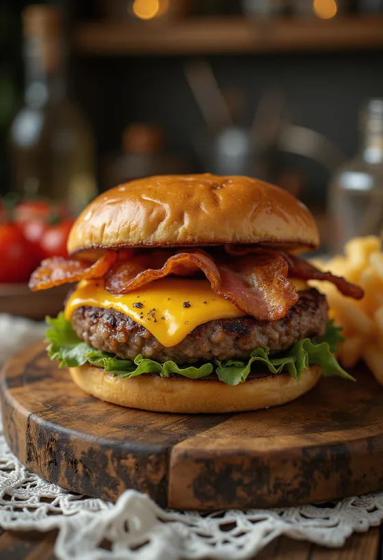 Grilled hamburger with cheddar cheese and bacon