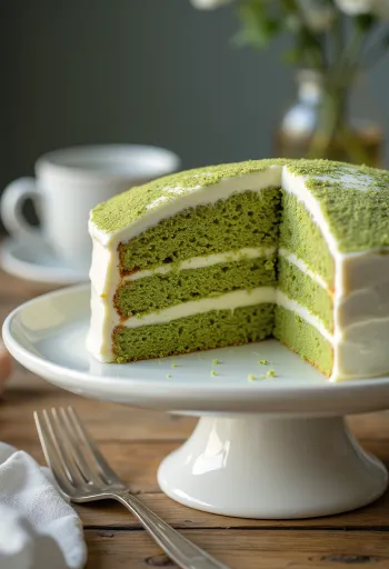 Matcha Green Tea Cake with mascarpone cream and matcha dust