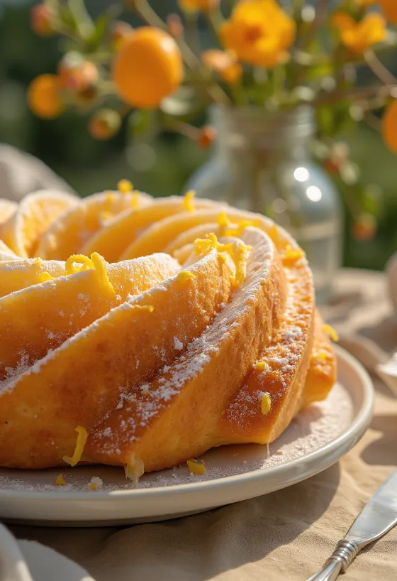 Orange bundt cake baked golden brown, dusted with powdered sugar