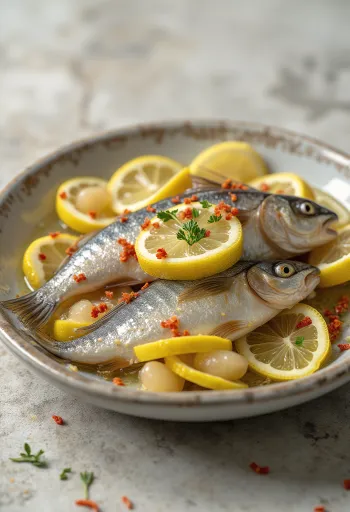 Pickled sardines in a glass jar with lemon and spices