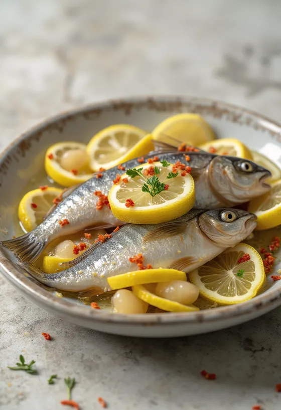 Pickled sardines in a glass jar with lemon and spices