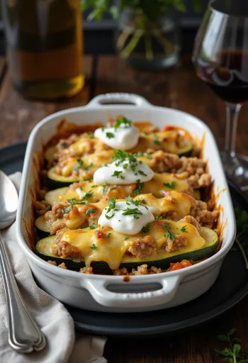 Baked zucchini boats stuffed with ground meat and rice, topped with melted cheese and sour cream.