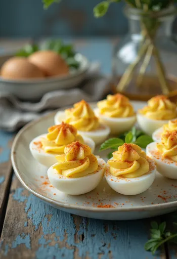 Deviled eggs garnished with paprika and herbs