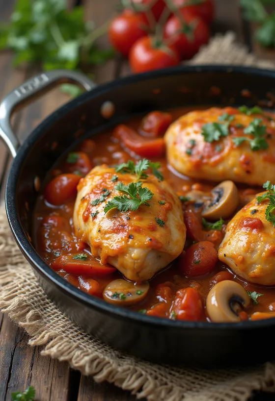 Chicken cacciatore served in a skillet with vegetables