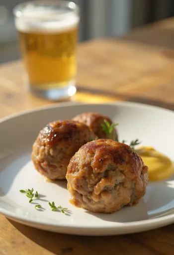 Golden brown Danish Frikadeller meatballs served with mustard sauce