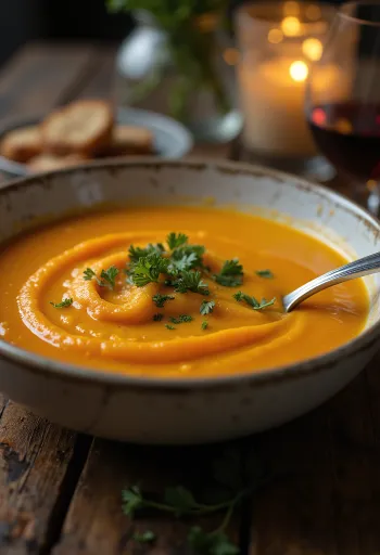 Bowl of ginger carrot soup swirled with coconut milk