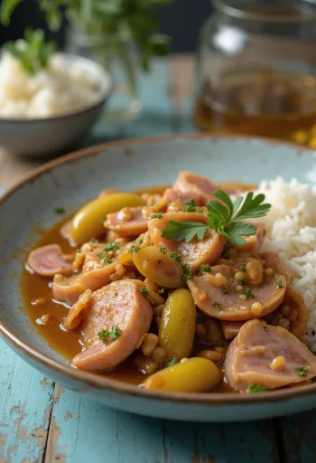 Butcher's stew with pork strips, sausage and pickles