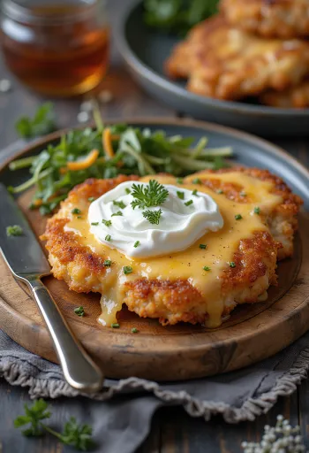 Crispy breaded pork cutlet topped with sour cream and grated cheese
