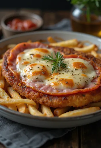 Milanesa napolitana with ham, rich cheese, tomato sauce and crispy breading.