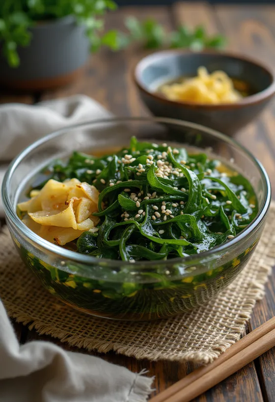 Pickled seaweed in a glass jar