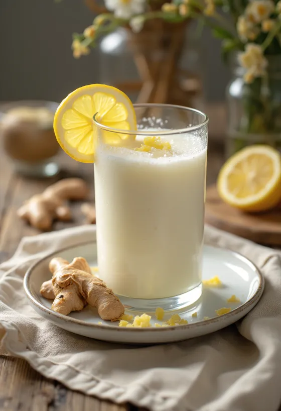 White tea and ginger kefir smoothie served with fresh lemon