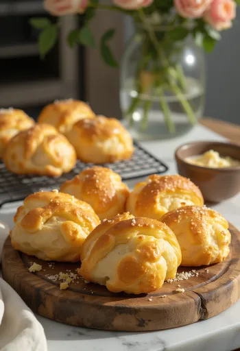 Golden brown cheese puffs (gougères) piled on a serving platter.