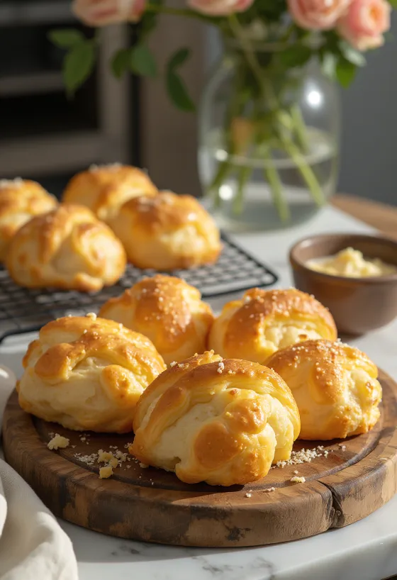 Golden brown cheese puffs (gougères) piled on a serving platter.