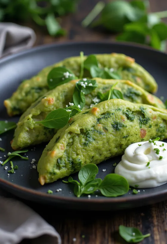 Savory spinach crepes served with fresh vegetables