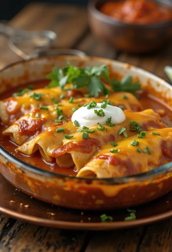 Chicken enchiladas topped with melted cheese and garnished with sour cream and coriander