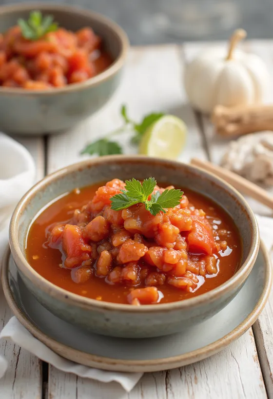 Sweet and sour tomato ginger sauce in a bowl with fresh ginger.