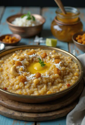 Bowl of rich brown rice pudding topped with cashews and raisins