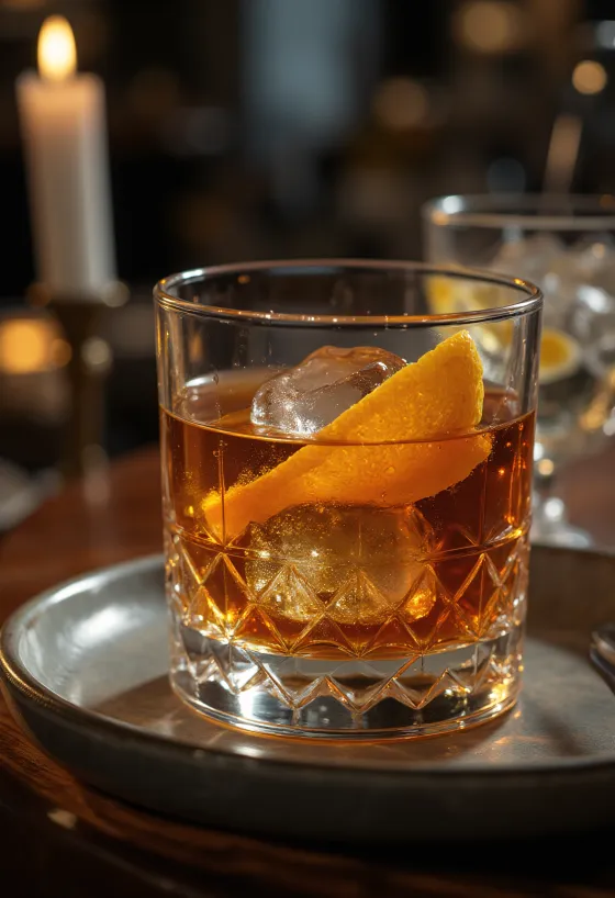 Old Fashioned cocktail garnished with orange peel