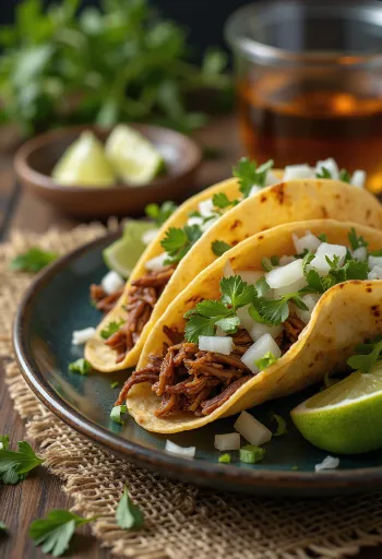 Pulled Beef Tacos served with lime and cilantro