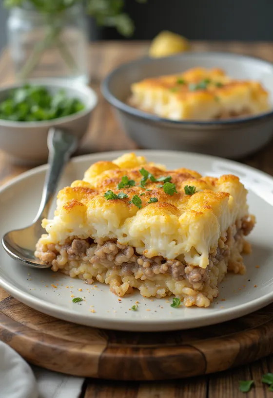 Baked casserole with layers of cauliflower, ground pork, and rice, topped with golden sour cream and cheese.
