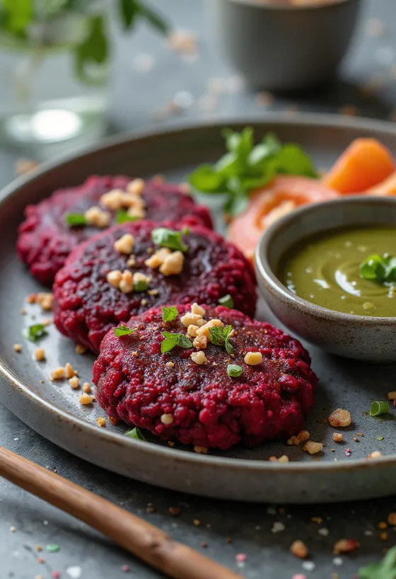 Vegan beet and chickpea patties served with fresh salad