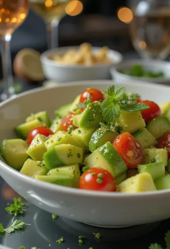 Bowl of fresh avocado salad with tomatoes and lime
