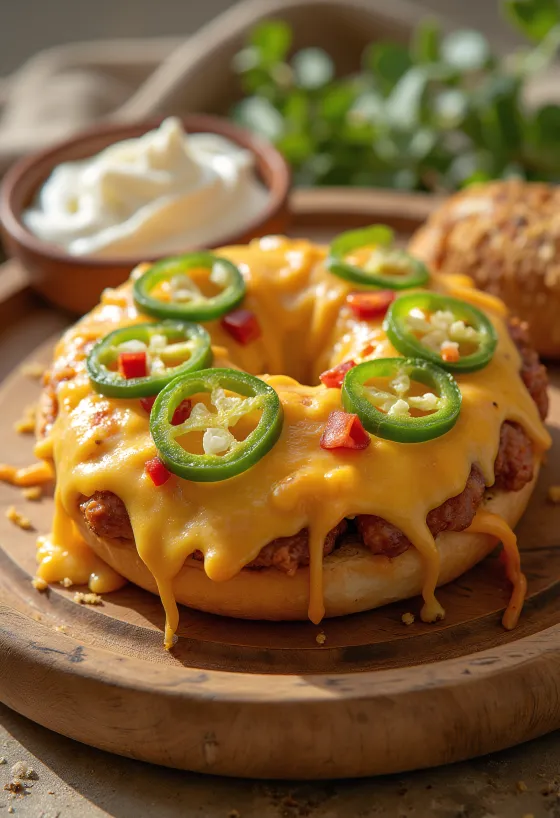 Chili and cheese bagel served