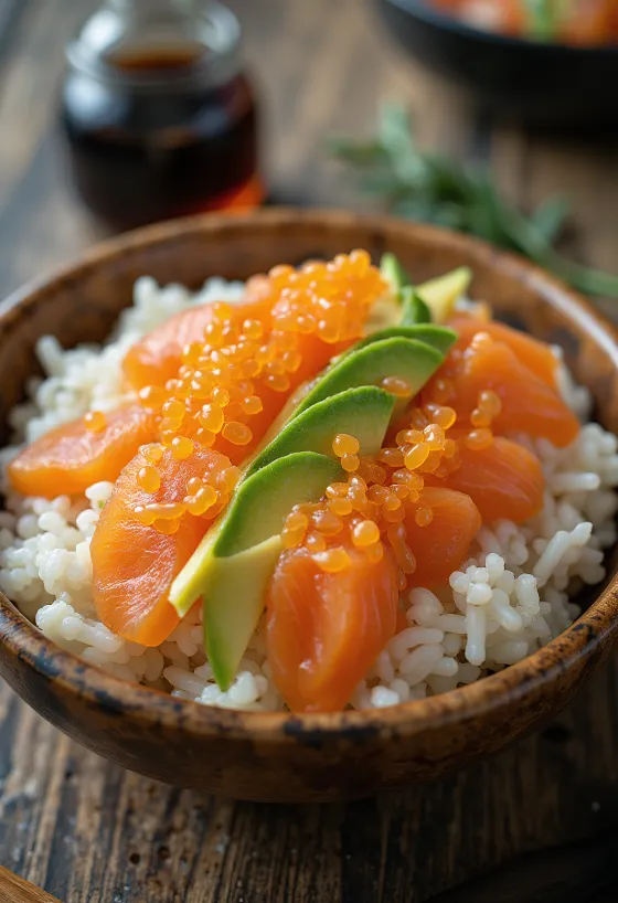 Chirashi bowl with fresh salmon, avocado, cucumber, and nori