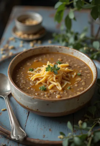 Smoked cheese lentil soup served