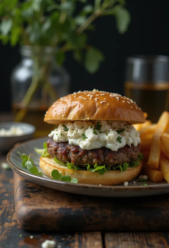 Greek hamburger with tzatziki sauce