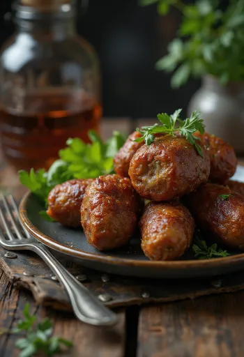 Beef kofta with roasted potatoes, garnished with fresh parsley