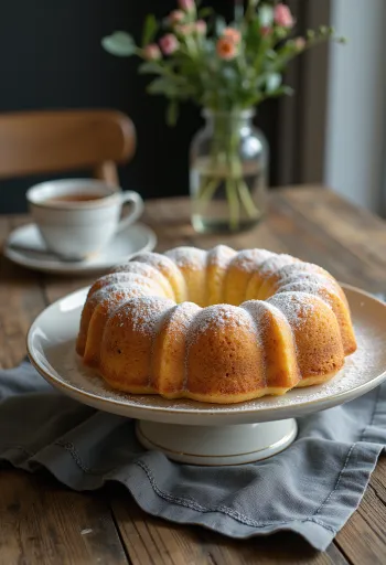 Marzipan bundt cake dusted with powdered sugar, sliced