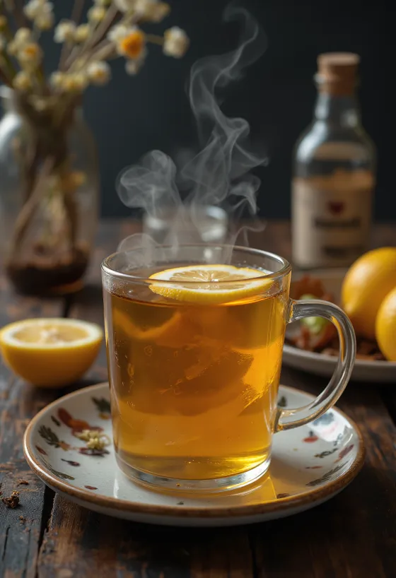 Tea with fruit brandy served with lemon slice and cinnamon