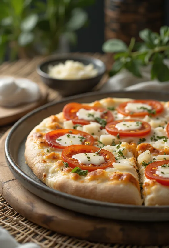 Pizza al Mascarpone with basil and Parmesan