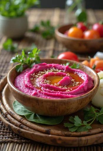 Smooth beet hummus served in a bowl with a swirl of olive oil