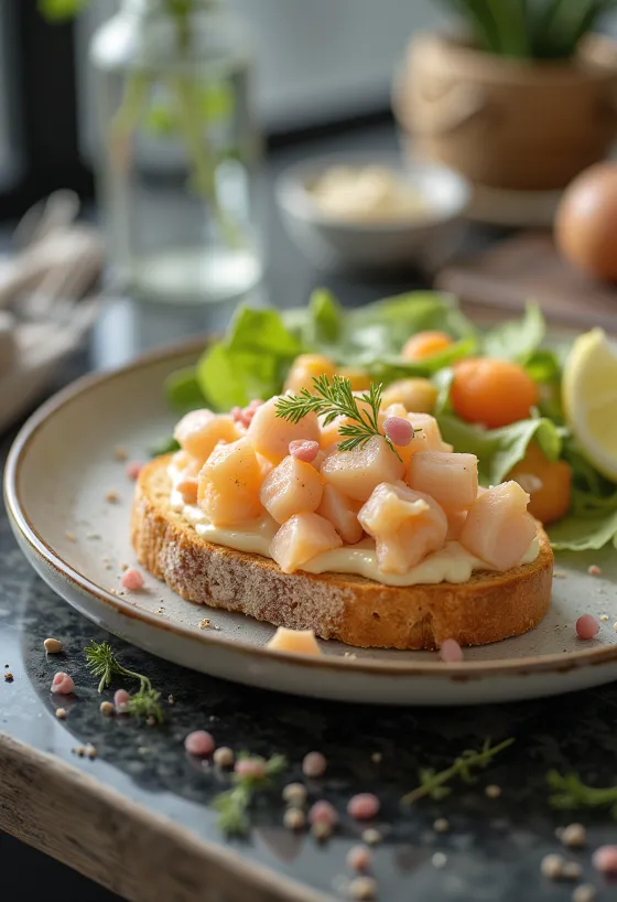 Creamy Skagenröra salad on toast with dill