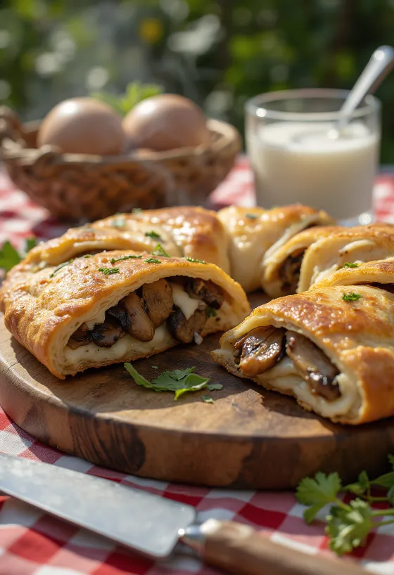 Golden calzone filled with sautéed mushrooms and cheese
