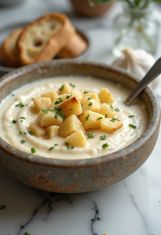 Bowl of creamy garlic soup topped with croutons and fresh parsley.